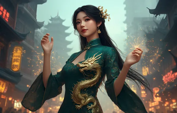 Look, girl, earrings, dress, hairstyle, Chinese, Asian, long hair