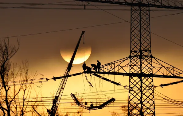 Picture the sun, work, wire, Power lines, electricians
