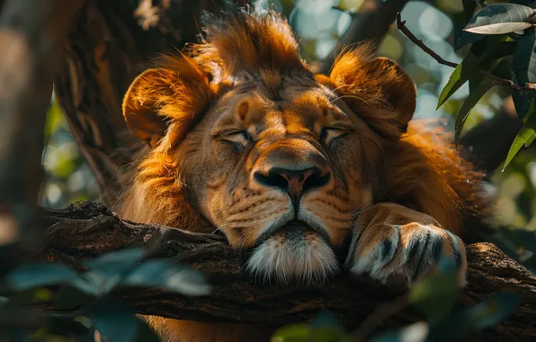 Trees, Sleeping, Leo, Face, Predator, Front, Digital art, Big cat
