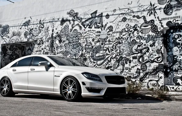 White, wall, Mercedes-Benz, AMG, CLS63, gaffiti