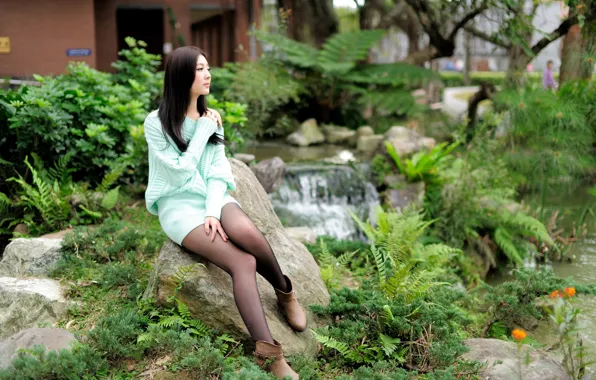 Pose, pond, model, portrait, makeup, garden, figure, dress