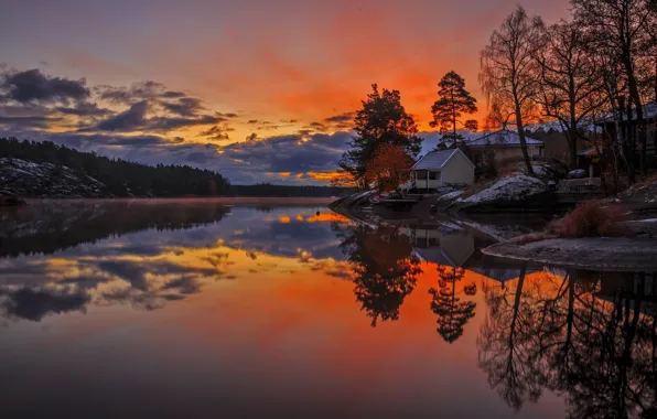 Night, lake, house