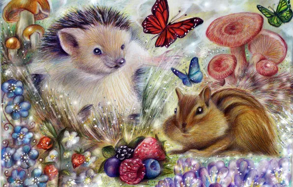Picture flowers, nature, berries, butterfly, mushrooms, art, Chipmunk, painting