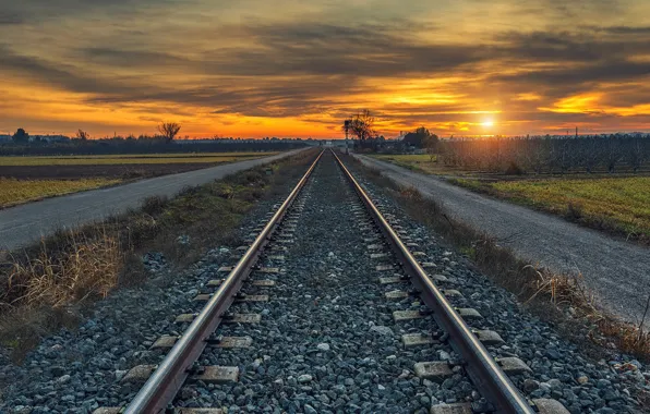 Sunset, nature, railroad