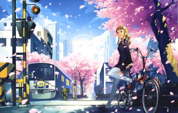 Picture girl, bike, the city, anime, petals, Sakura, railroad, five centimeters per second