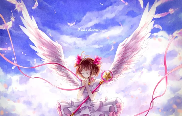 The sky, girl, clouds, wings, anime, feathers, art, tape