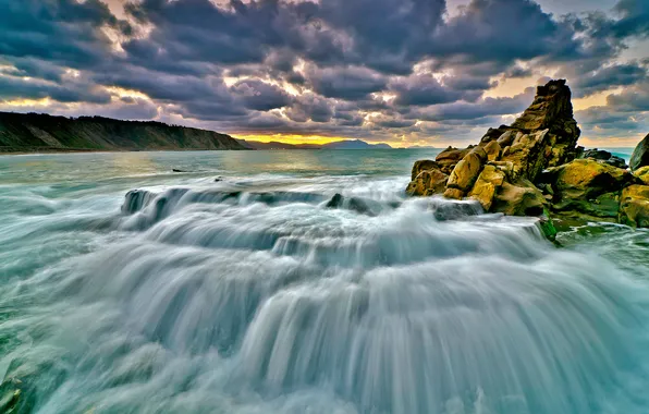 Picture sea, clouds, rock, threads