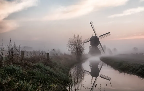 Landscape, nature, fog, morning, mill, channel