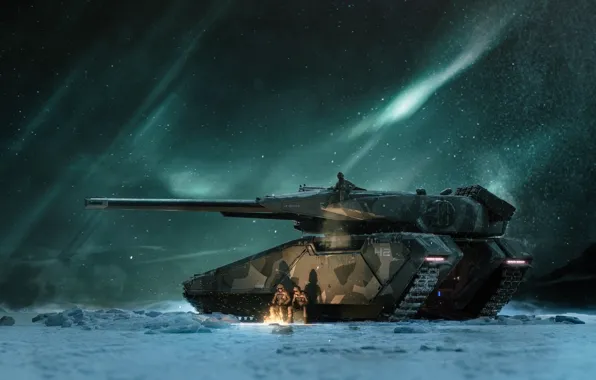Picture Winter, Night, Stars, Snow, The fire, Soldiers, Lights, Art