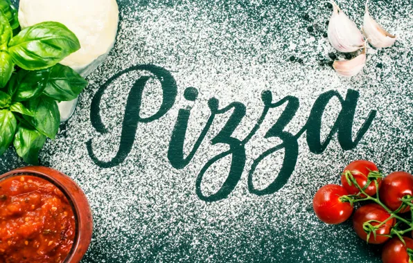 The inscription, food, vegetables, pizza, sauce, tomatoes, garlic, flour