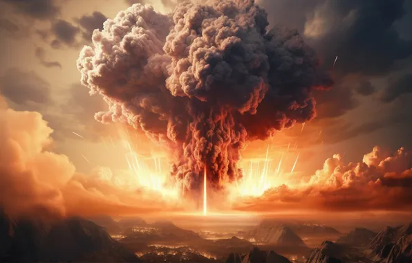 Clouds, Mountains, Fire, Mushroom, The explosion, Digital art, A nuclear explosion, AI art