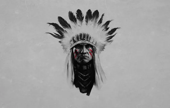 Black and white, feathers, serious, painting, Indian, red, stripes red, the leader