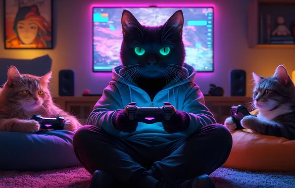 Game, cats, gamers, joysticks, gamblers