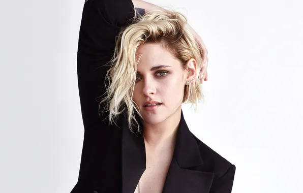 Look, pose, portrait, actress, blonde, white background, jacket, Kristen Stewart