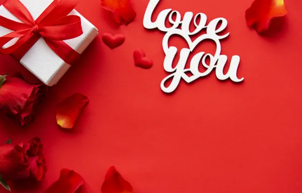 Gift, Love, petals, red, rose, Valentine's Day, petals, gift-box