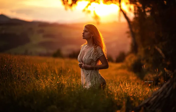 Picture field, girl, sunset, model, beautiful, Miki Macovei Come With