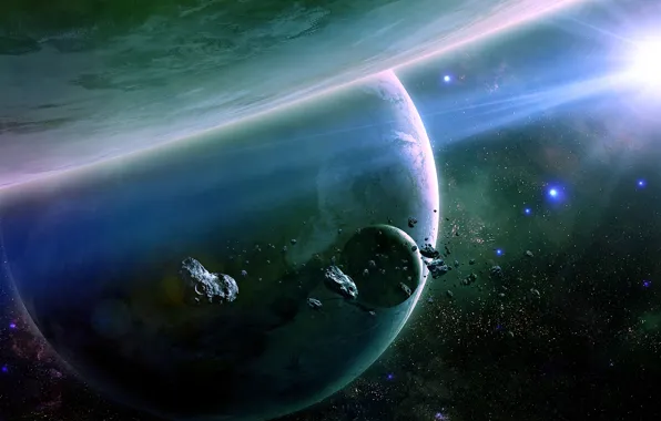 Stars, planets, asteroids, shining in space