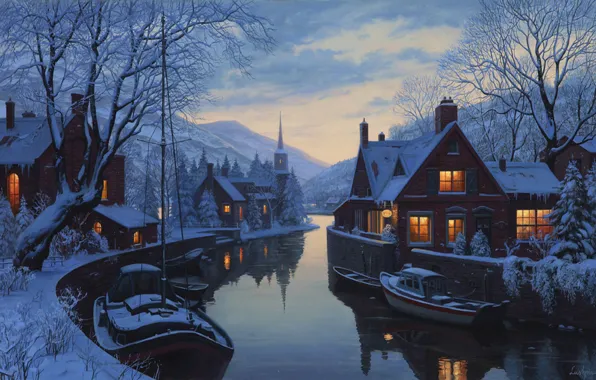 Picture winter, snow, mountains, river, home, boats, the evening, ate