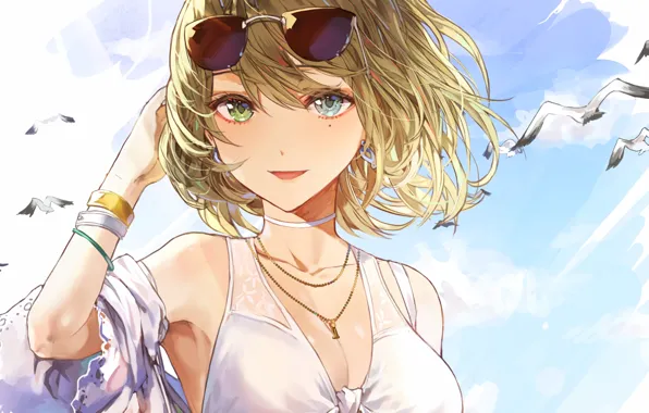 Girl, sexy, cleavage, green eyes, boobs, anime, beautiful, short hair