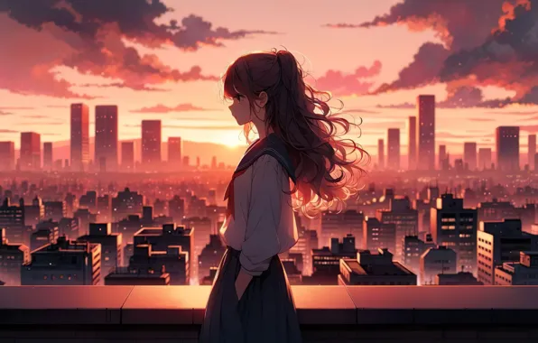 Picture school uniform, sky, cityscape, anime girls, schoolgirl, hands in pockets, sunset glow