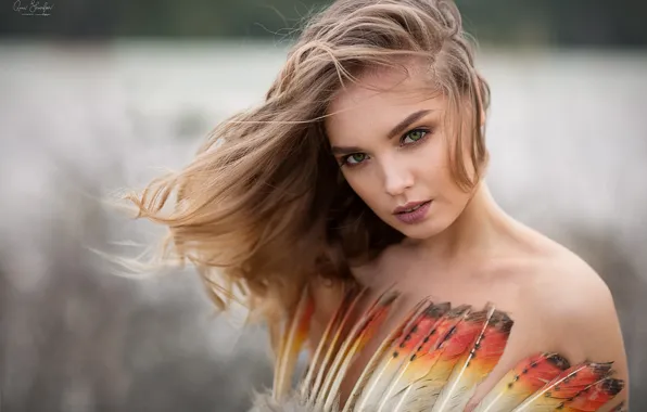 Picture look, girl, face, background, hair, portrait, feathers, Kate Kotaro