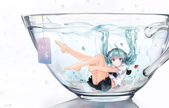 Picture water, girl, fish, anime, art, Cup, form, schoolgirl