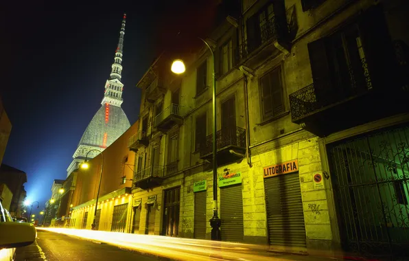 Picture night, lights, street, building, Italy, lamps, Turin, tower Mole Antonelliana
