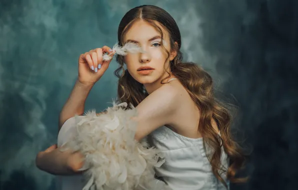Look, girl, face, pose, background, pen, portrait, feathers