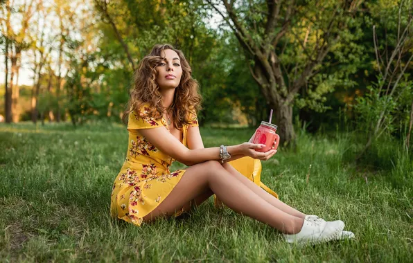 Grass, model, pretty, yellow dress, A Diakov George