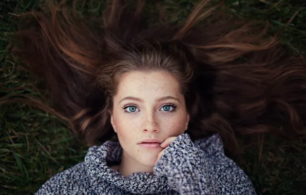 Picture girl, blue eyes, hair, look, freckles