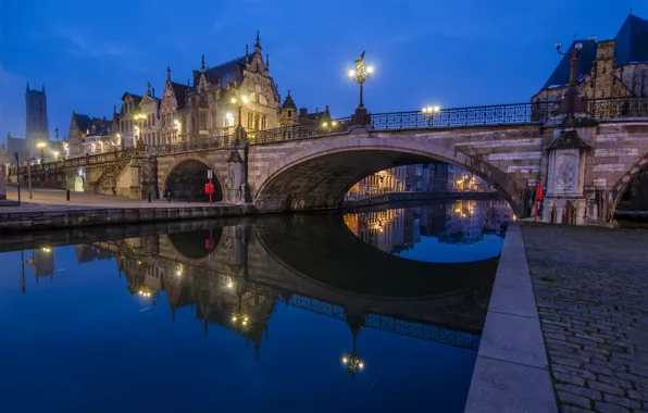 Night, bridge, the city, lights, reflection, blue, tile, building