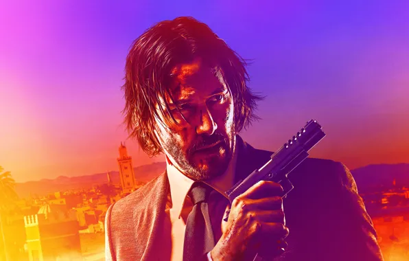 Gun, background, portrait, costume, action, poster, Keanu Reeves, Keanu Reeves