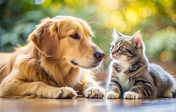 Cat, look, pose, kitty, dog, a couple, friends, faces