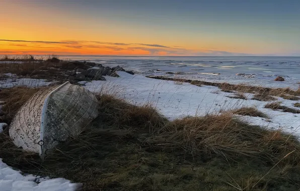 Winter, sunset, shore, boat