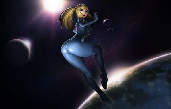 Girl, space, stars, planet, costume, samus aran, metroid