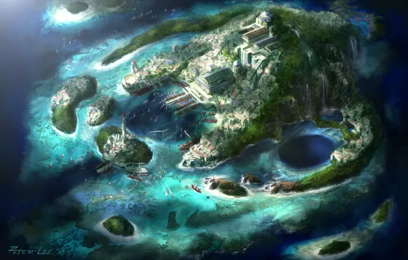 Islands, the city, lighthouse, boats, waterfalls, Bay, harbour, Diablo 3 art