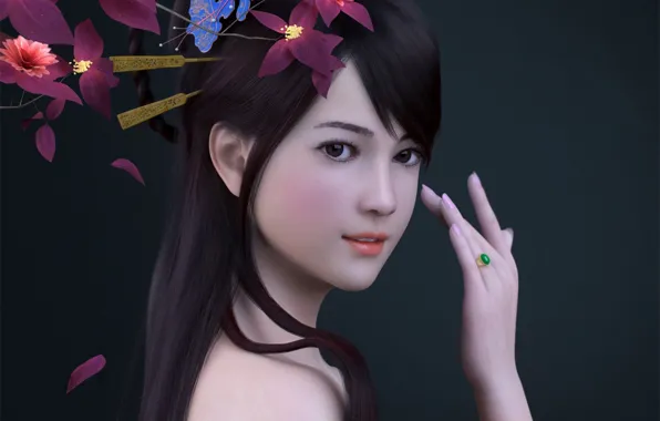 Girl, flowers, hand, ring, Asian, render, zhang qiang