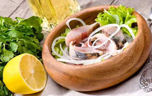 Picture lemon, bow, salad, herring