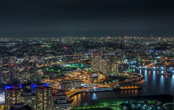 Night, lights, Japan, Tokyo, Yokohama Bay