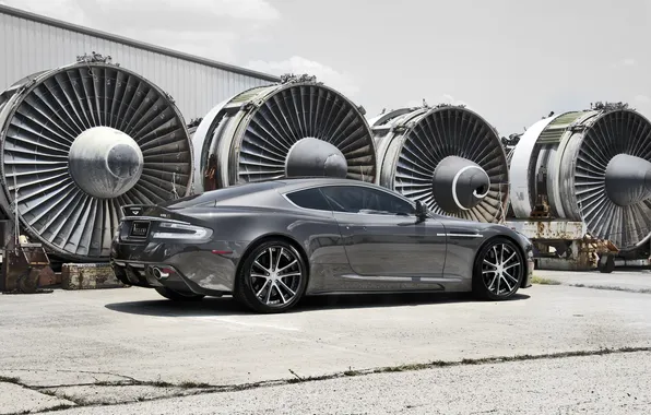 Picture grass, cracked, grey, Aston Martin, DBS, wheels, drives, rear view