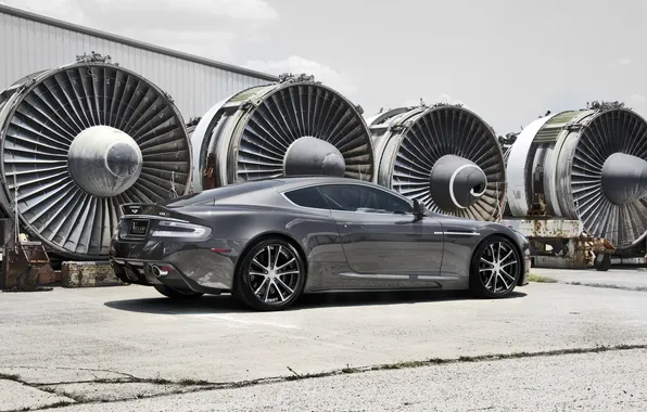 Grass, cracked, grey, Aston Martin, DBS, wheels, drives, rear view