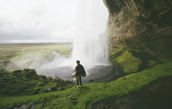 Picture the sky, girl, waterfall, horizon