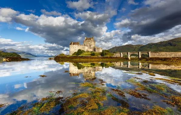 Mountains, bridge, lake, castle, Scotland, Dornie