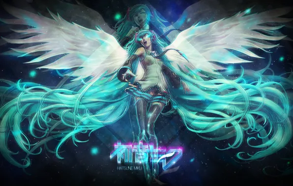 Picture girl, wings, anime, blue hair, tails, Hastu The Miku
