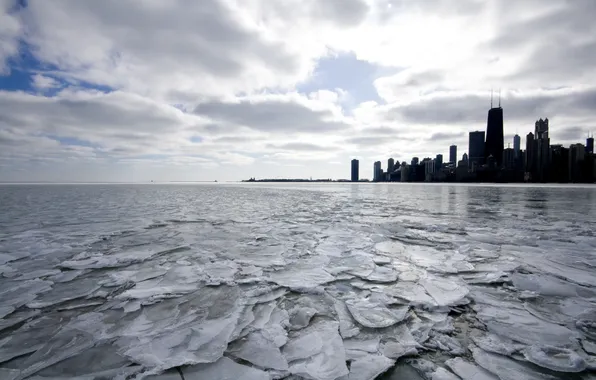Ice, winter, skyscrapers, USA, America, Chicago, Chicago, USA