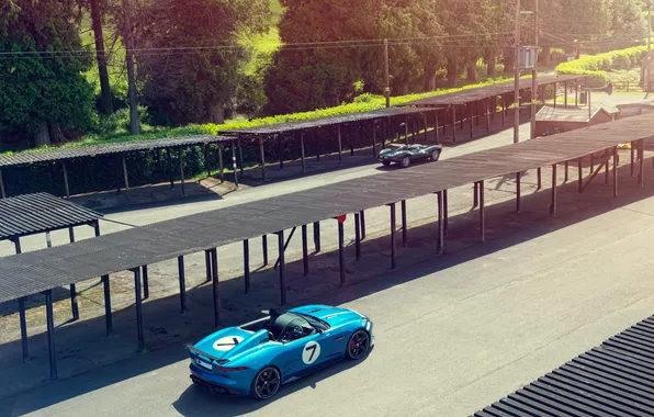 Concept, Jaguar, and, in the background, Project 7, Jaguar D-Type 1954