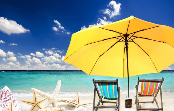 Picture sand, sea, beach, the sun, stars, umbrella, chaise, shell