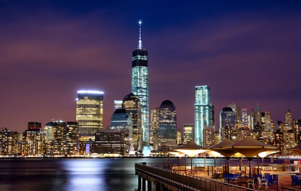 Clouds, night, the city, lights, shore, building, tower, home