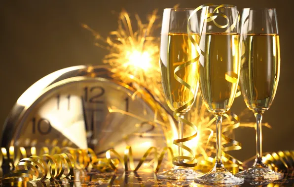 New Year, glasses, golden, champagne, serpentine, New Year, celebration, holiday