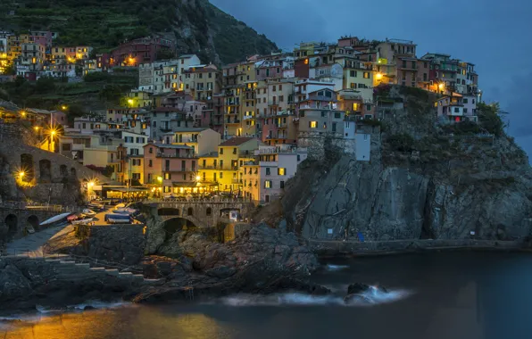 Sea, night, lights, rocks, home, Italy, Manarola, Cinque Terre